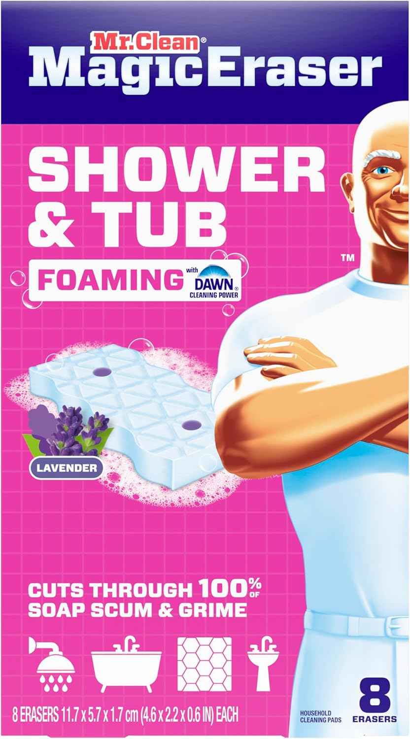 Mr. Clean Magic Eraser Sponge, Bathroom, Shower, Tub Cleaner, Soap Scum Remover, Bathroom Cleaning Supplies, Dawn Cleaning Power with Lavender Scent, Shower & Tub