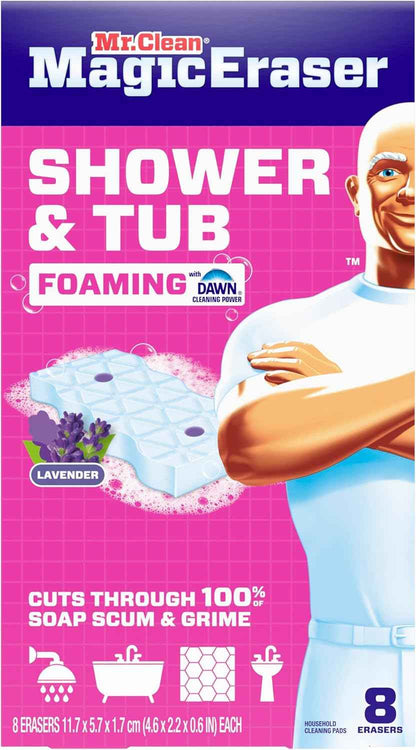 Mr. Clean Magic Eraser Sponge, Bathroom, Shower, Tub Cleaner, Soap Scum Remover, Bathroom Cleaning Supplies, Dawn Cleaning Power with Lavender Scent, Shower & Tub