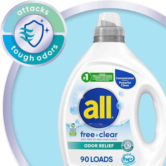 all Laundry Detergent Liquid, Free Clear for Sensitive Skin, Odor Relief, Unscented and Hypoallergenic, 2X Concentrated, 90 Loads