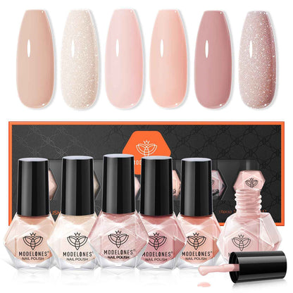 modelones Jelly Nail Polish 6 Colors, Sheer Nude Mini Nail Polish Set Red Pink Brown Quick Dry Spring Summer Fingernail Polish for DIY Nail Art Salon Home Gift for Women Girl