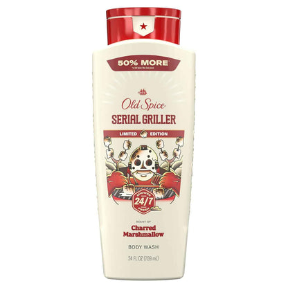 Old Spice Body Wash for Men, Summerdudes, 24/7 Shower Fresh with Daily Use, Long Lasting Scent, Cleanse & Refresh Skin, VIP Festival Experience, Serial Griller with Charred Marshmallow Scent, 24 oz