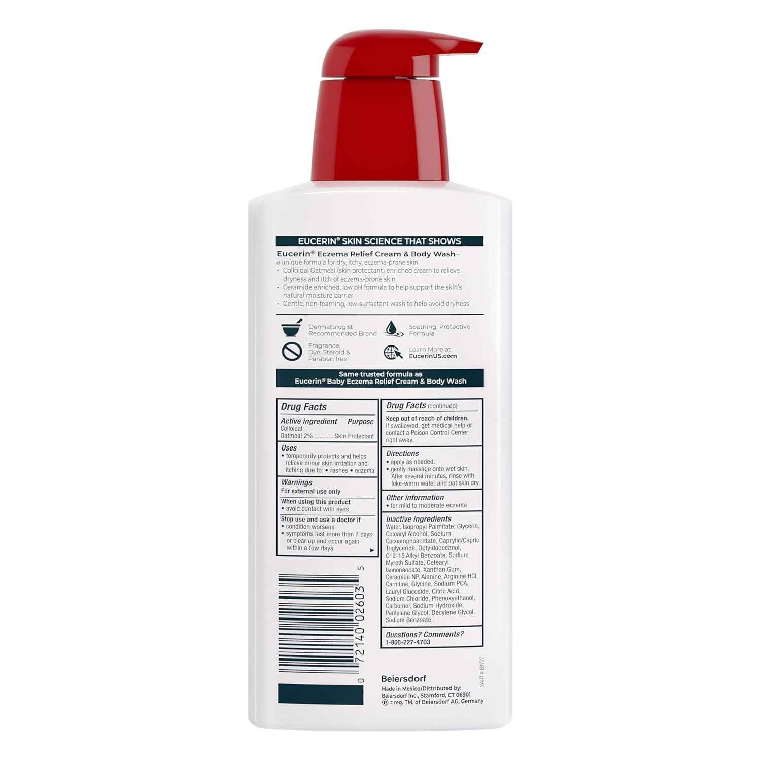 Eucerin Eczema Relief Cream and Body Wash, Colloidal Oatmeal Enriched, Soap Free Eczema Body Wash, 13.5 FL OZ Bottle