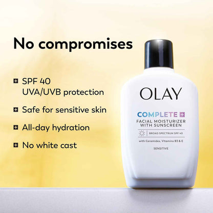 Olay Complete+ Face Moisturizer with Sunscreen SPF 40, For Sensitive Skin, Broad Spectrum Sun Protection, Fragrence-Free - No White Cast on All Tones, Nourishes Moisture Barrier - Ceramides