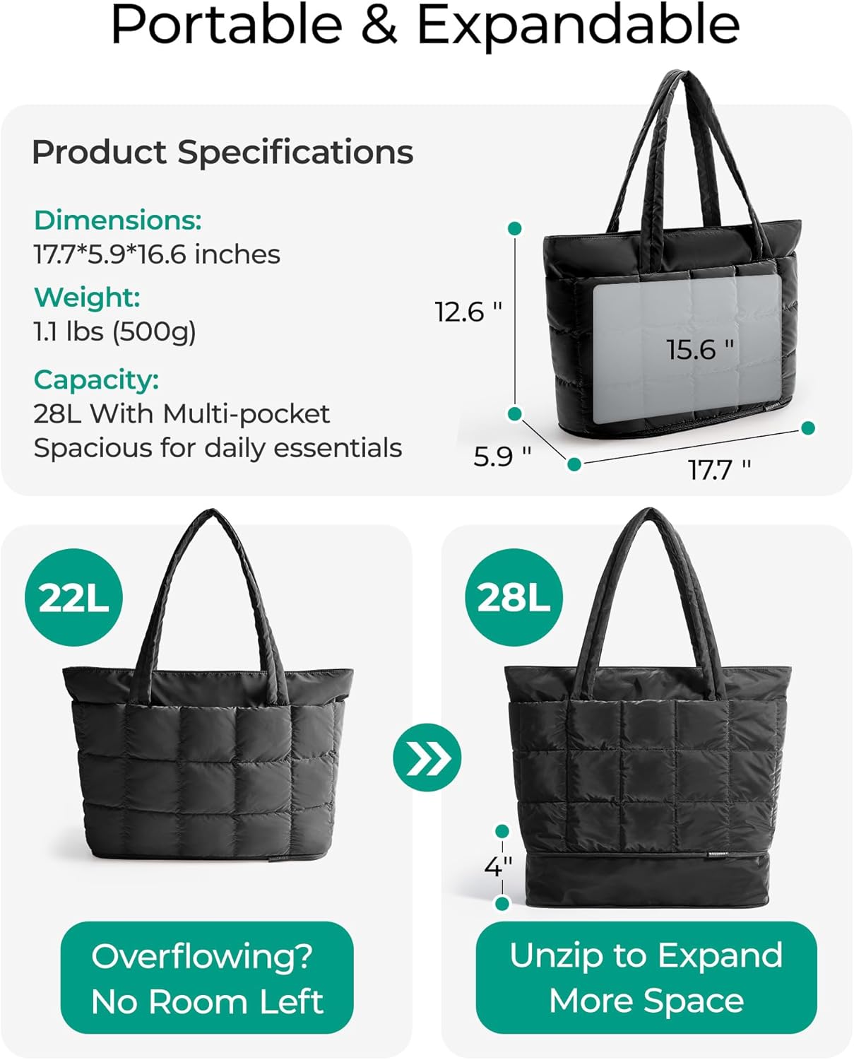 BAGSMART_Expandable_Tote_Bag_for_Women,_Puffer_Work_Tote_Handbag,_Quilted_Carry_On_Bag_for_Travel_Gym