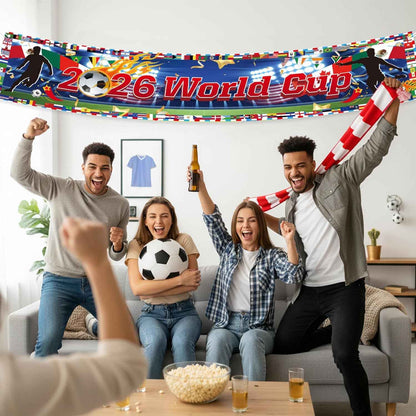World Cup Banner for 2026 International Flags Decorations Around The World Cup Backdrop 118×20Inch World Map Trophy Photo Backdrop Cloth for Soccer Party, Bar, Home (Blue)