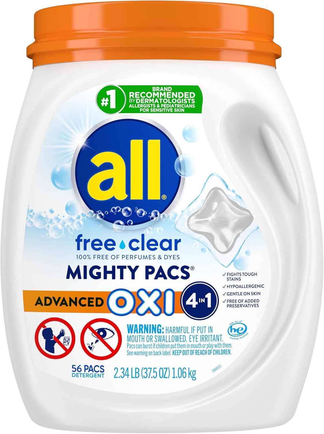 all Laundry Detergent Pacs, Mighty Pacs with OXI Stain Removers and Whiteners, Free Clear, Unscented and Dye Free