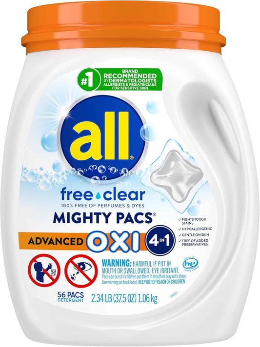 all Laundry Detergent Pacs, Mighty Pacs with OXI Stain Removers and Whiteners, Free Clear, Unscented and Dye Free