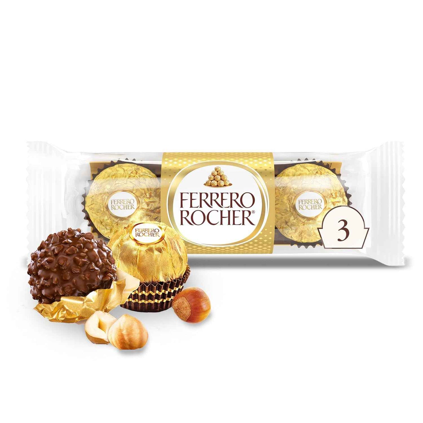 Ferrero Rocher Gourmet Hazelnut Milk Chocolate, 3 Individually Wrapped Chocolates, 1.3 oz
