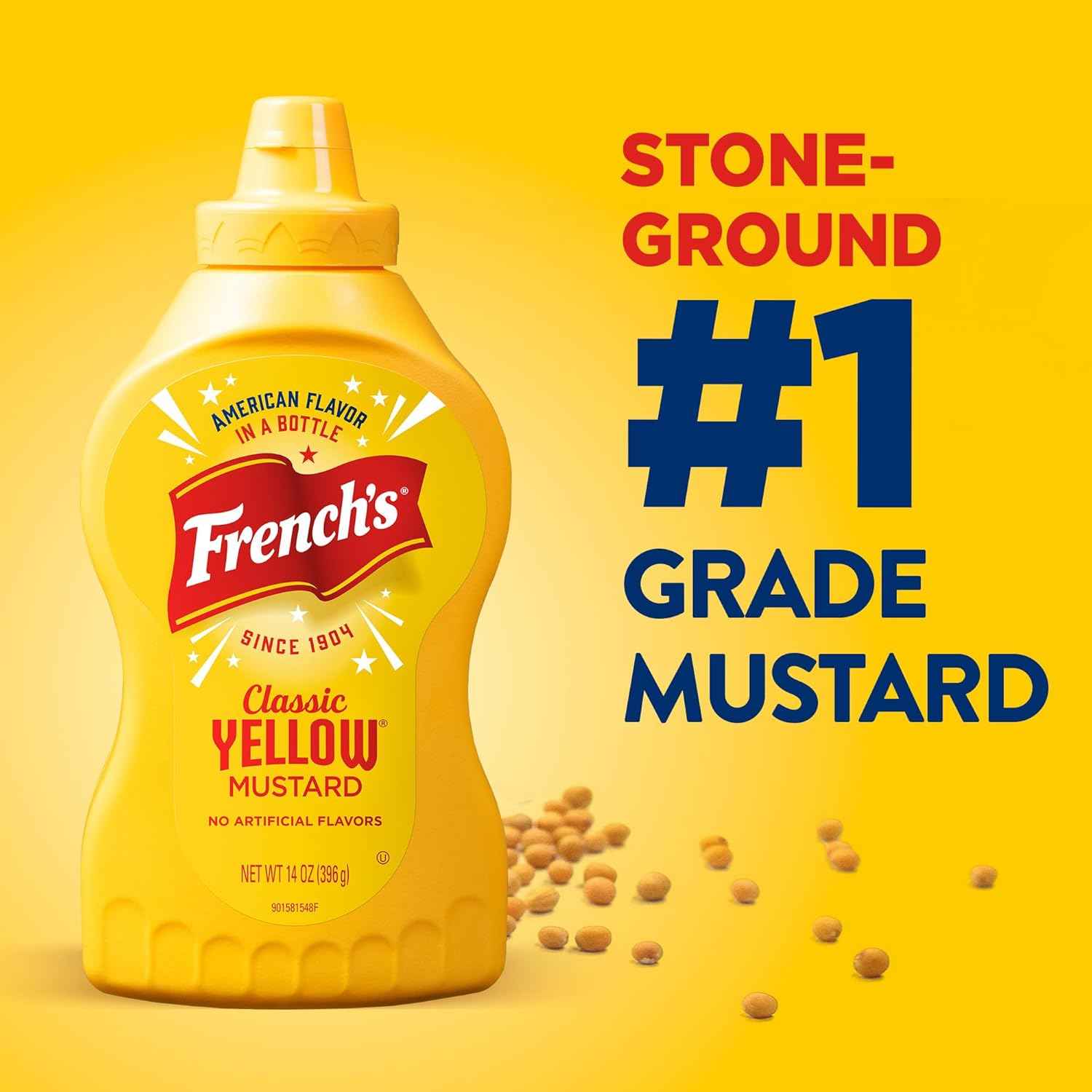French’s Yellow Mustard, Classic, Stone-Ground #1 Grade Mustard Seeds, Product of the USA, Gluten Free, No Artificial Flavors, For Burgers, Brats, and Hot Dogs