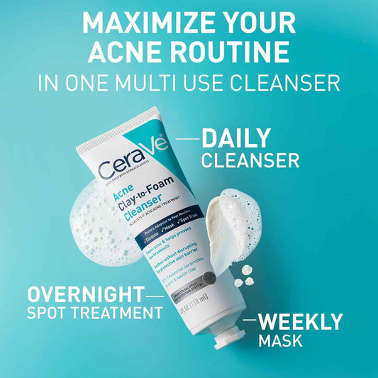 CeraVe Clay To Foam Acne Face Wash, Multi-Use Salicylic Acid & Kaolin Clay Acne Spot Treatment Clears Pimples & Blackheads, Prevents Breakouts, Hydrates & Soothes, Fragrance-Free, Non-Comedogenic, 4oz