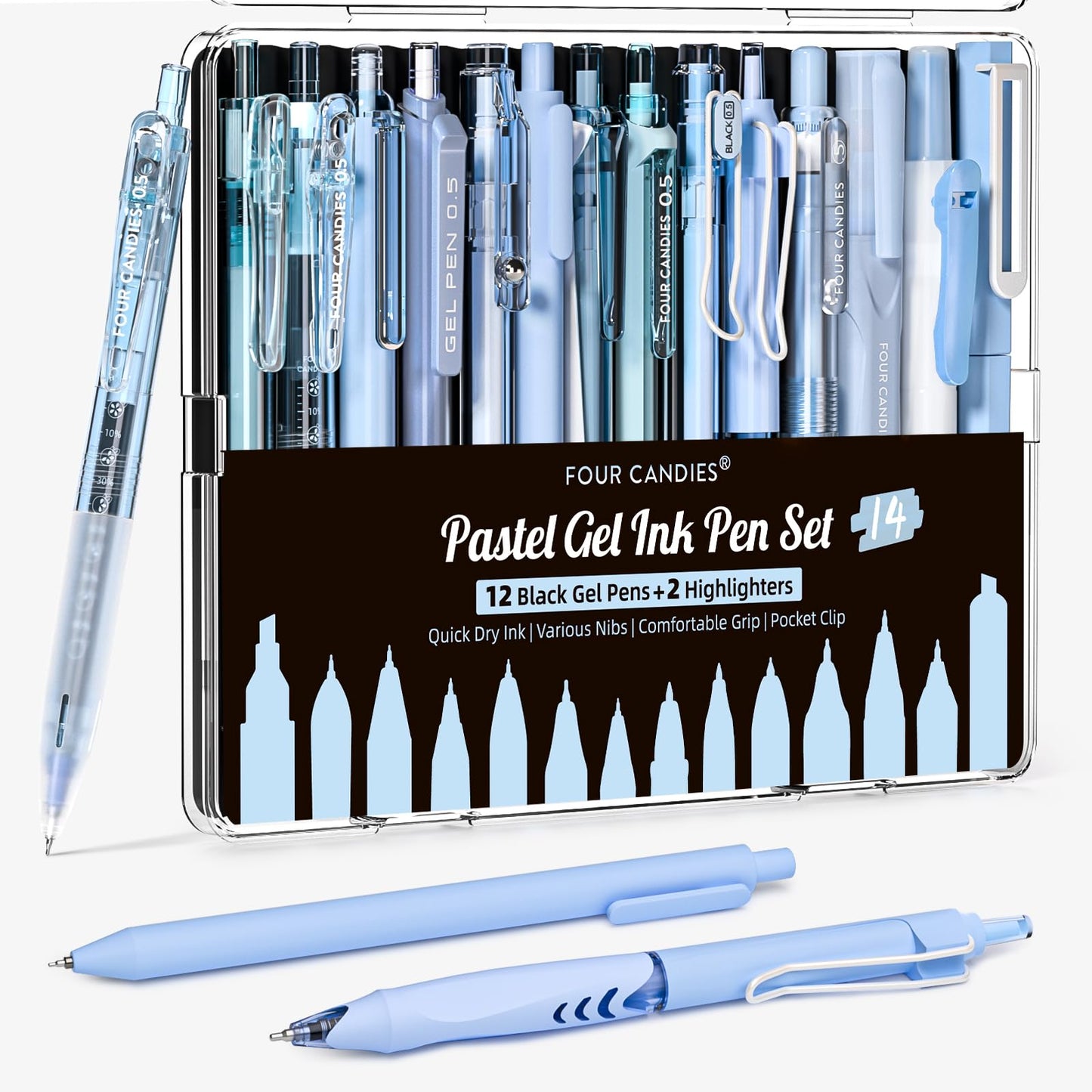 Four Candies Writing Ink Pens with Black &amp;amp; Blue Ink and 2Pack Highlighter, Retractable 0.5mm Smooth Fine Point Pens,Blue Pens for School,Office Girly Stationery Aesthetic Desk Accessories Set of 14