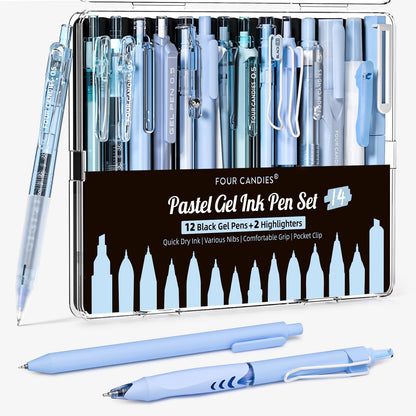 Four Candies Writing Ink Pens with Black &amp;amp; Blue Ink and 2Pack Highlighter, Retractable 0.5mm Smooth Fine Point Pens,Blue Pens for School,Office Girly Stationery Aesthetic Desk Accessories Set of 14