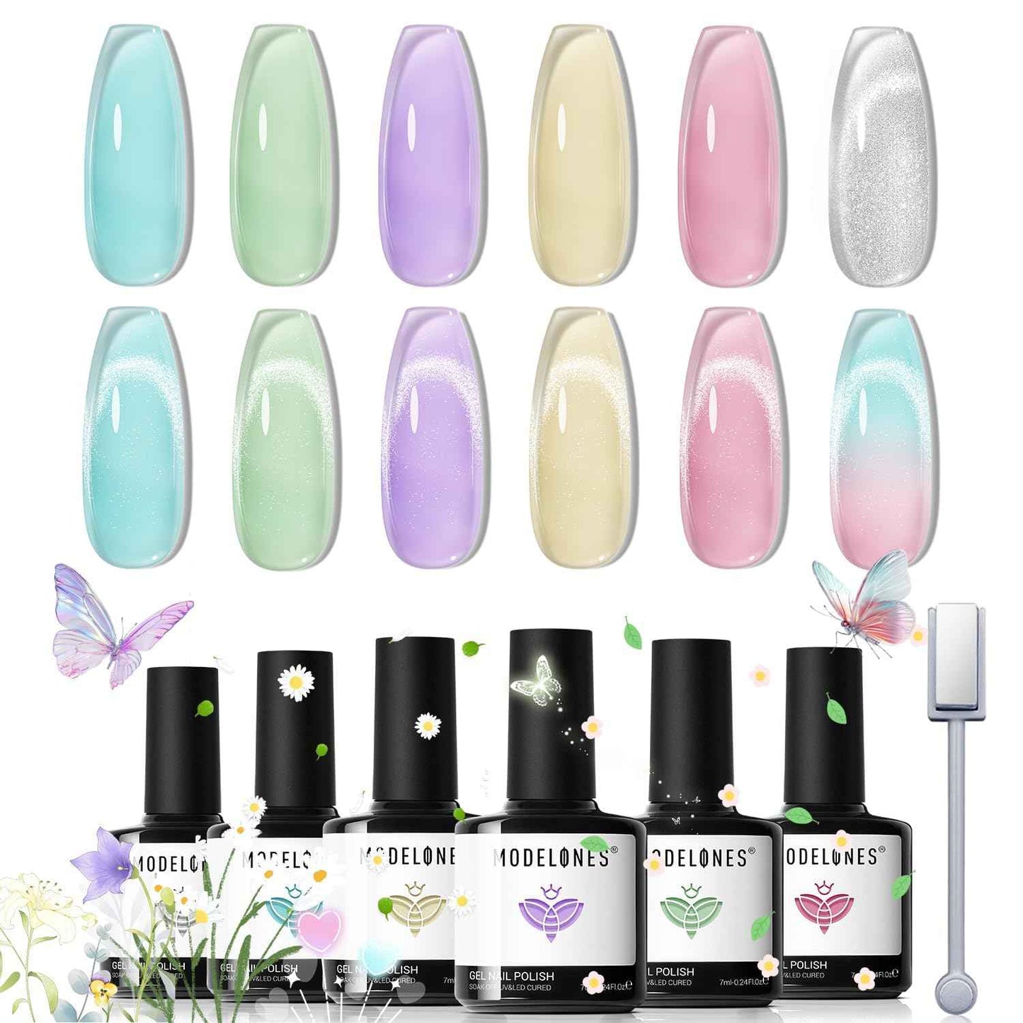 modelones Cat Eye Magnet Set, Heart French Cateye Gel Polish Nail Tools Kit Dual-Head 3 IN One Magnets Pen Heart Round Square Flower Glassy Moon Multi Effect Nail Art Designs Home DIY Salon Use