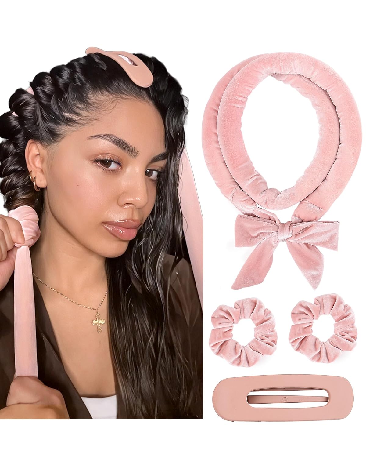 Yanibest_Heatless_Hair_Curler,_No_Heat_Hair_Curlers_to_Sleep_in,_Super_Soft_Ribbon_Wrap_for_Long_Hair,_Overnight_Heatless_Curling_Set_with_Scrunchies_and_Clip,_for_All_Hair_types(Pink)