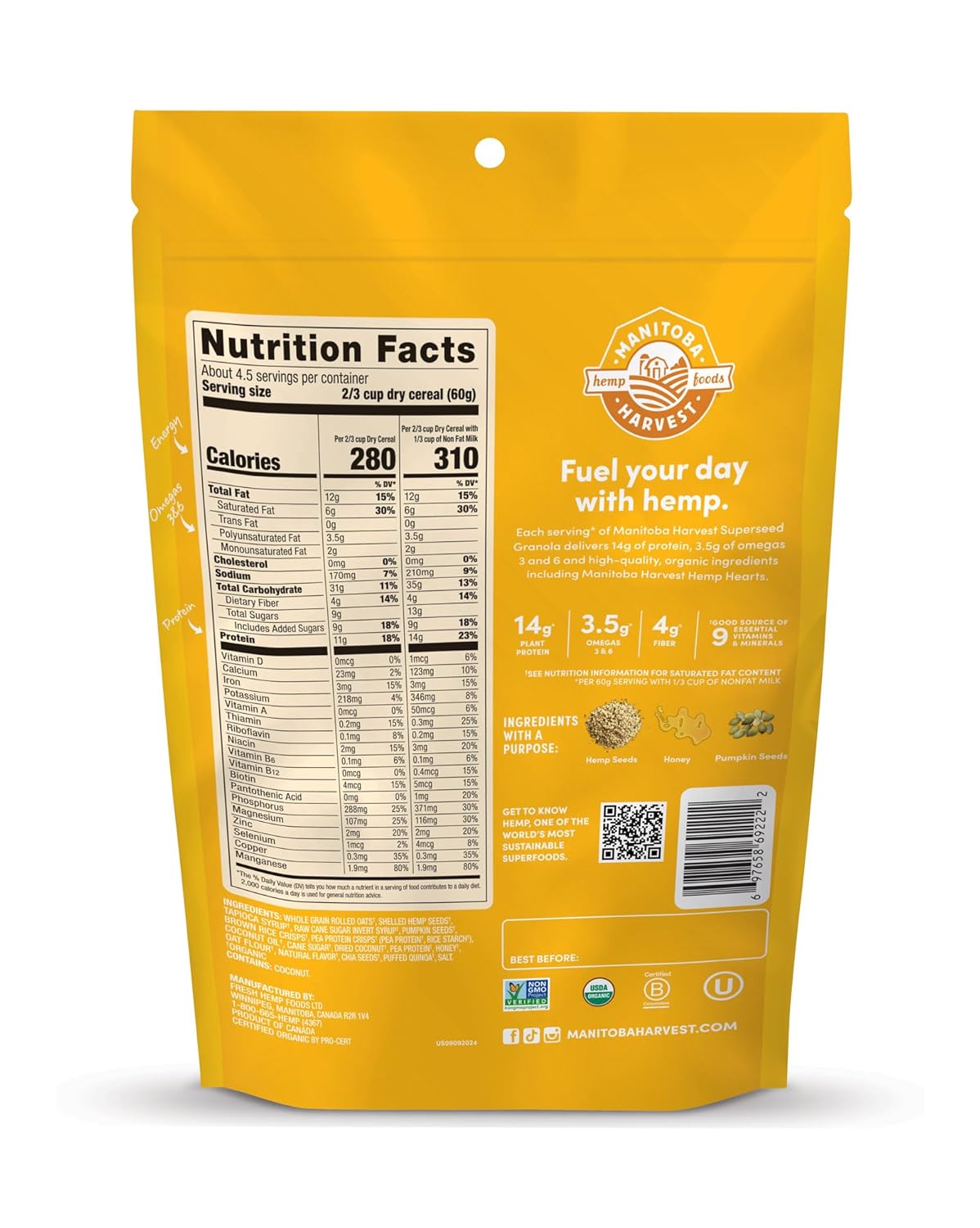 Manitoba_Harvest_Hemp_Yeah_Granola,_with_10_g_of_Protein,_3.5_g_Omegas,_3_g_of_Fiber_and_less_than_10_g_Sugar_Per_Serving,_Organic,_Non-GMO,_Honey_and_Oats,_10_Oz,_Packaging_May_Vary