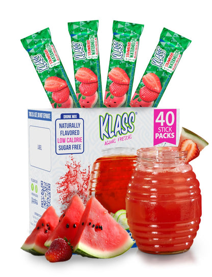 Klass Aguas Frescas, Powdered Drink Mix, 40 Singles Zero Sugar &amp;amp; Caffeine-Free Powder Packets, Water Drink Mix, Flavor: Strawberry Watermelon - 5 Calories Per Packet &amp;amp; Natural Flavors