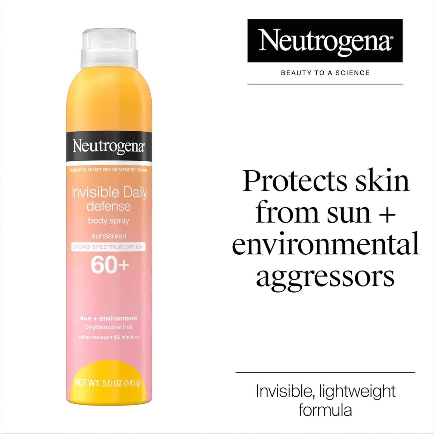 Neutrogena Invisible Daily Defense Body Sunscreen Spray, Broad Spectrum SPF 60+, Oxybenzone-Free & Water-Resistant, Sun & Environmental Aggressor Protection, Antioxidant Complex, 5.0 oz