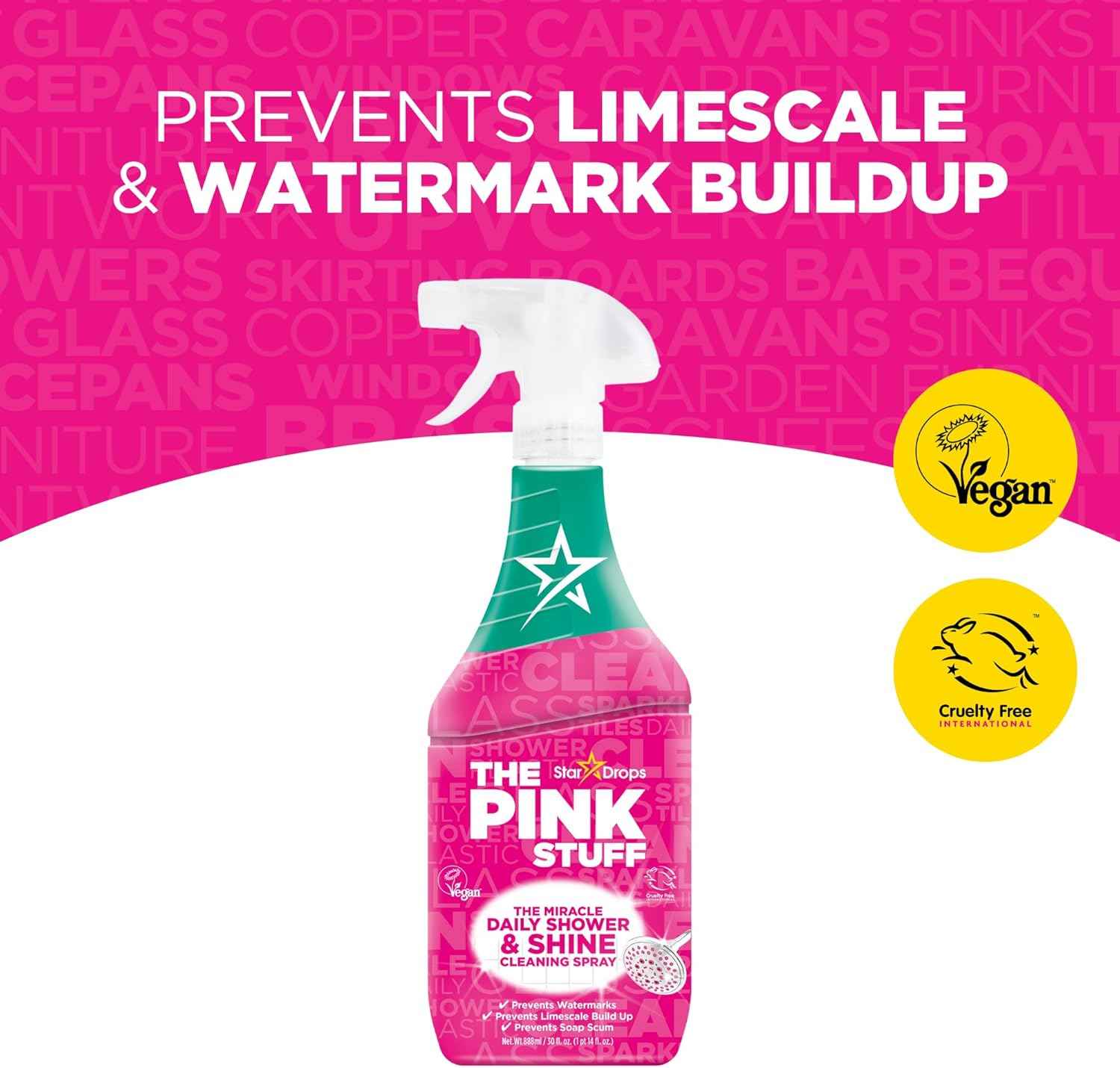 The Pink Stuff Miracle Daily Shower & Shine Spray – 30oz Bathroom Cleaner for Glass, Tile, Mirrors & Chrome – Prevents Soap Scum & Watermarks – No Rinse Spray & Leave Formula