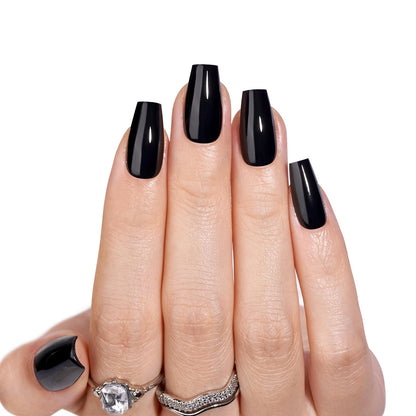 BTArtbox Press on Nails Black - Short Press on Nails Soft Gel Coffin Fake Nails with Nail Glue, Reusable Opaque Stick on Nails for Christmas Gift, 16 Sizes