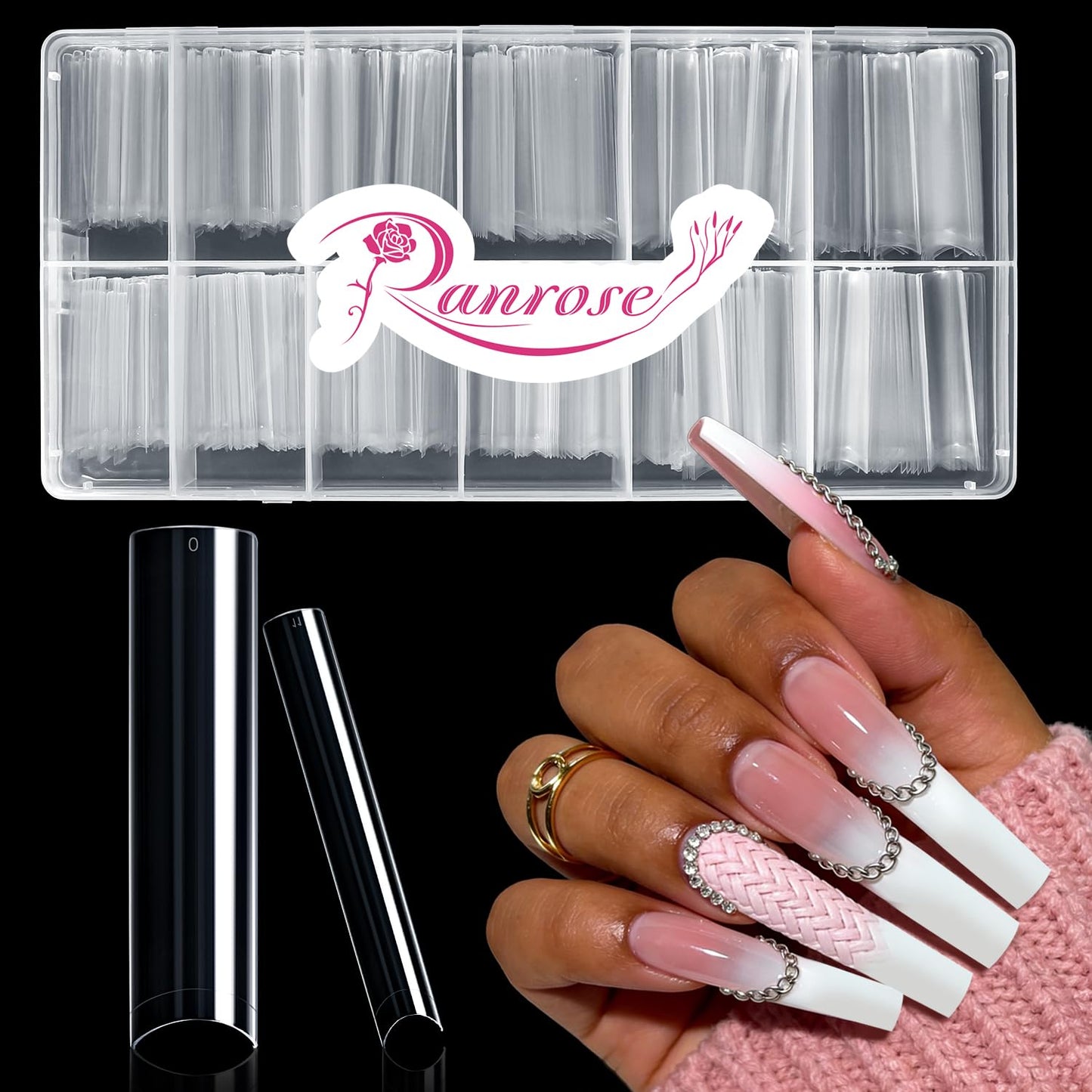 Ranrose 600PCS Clear Extra Long Nail Tips for Acrylic Nails Professional, No C Curve Gel Tips 12 Size XXXL Pre-shaped Half Cover Fake Nail for Press On Nail Extensions