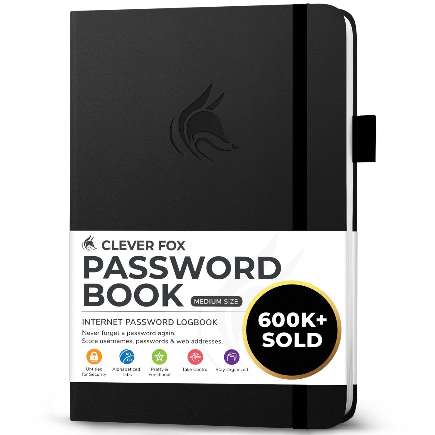 Clever Fox Password Book with alphabetical tabs. Internet Address Organizer Logbook. Medium Password Keeper for Website Logins (Black)