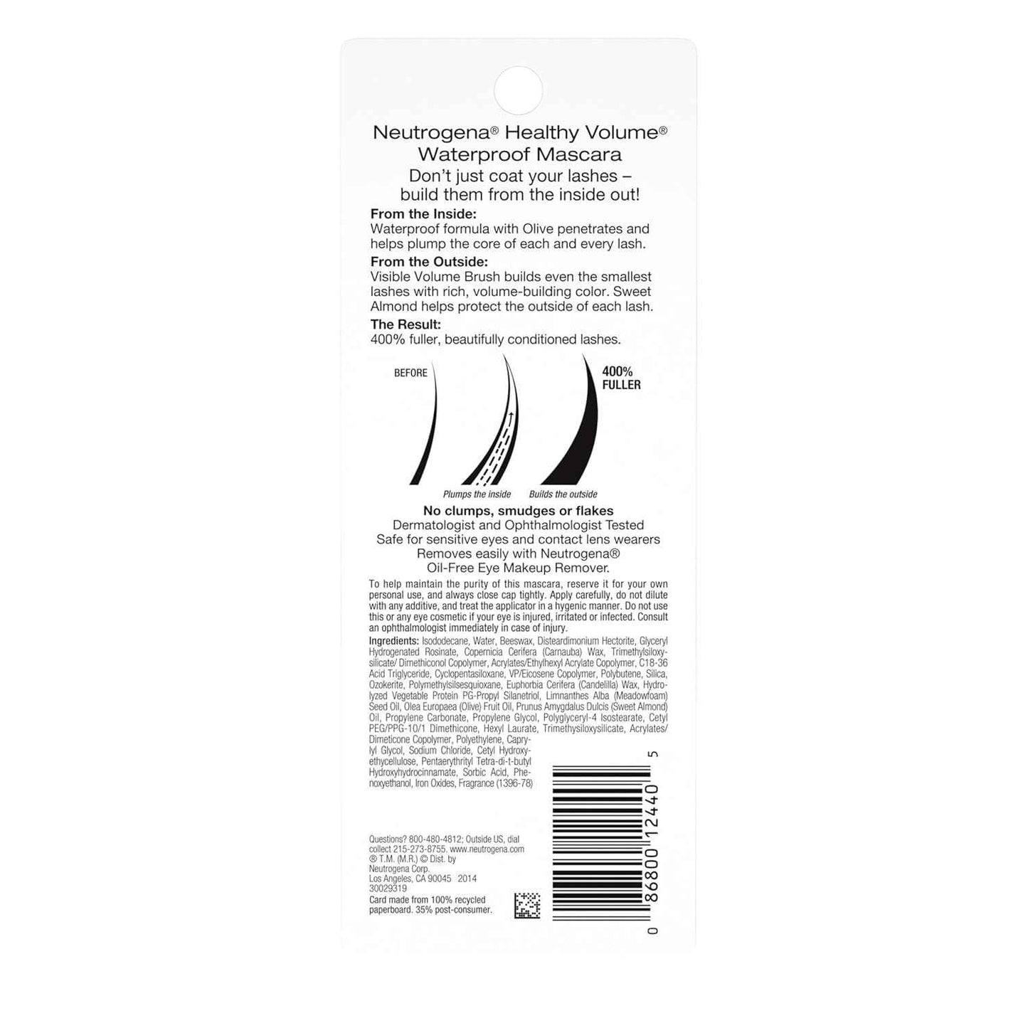 Neutrogena Lash-Plumping Waterproof Mascara, Volumizing and Conditioning Mascara with Olive Oil to Build Fuller Lashes, Clump-, Smudge- and Flake-Free