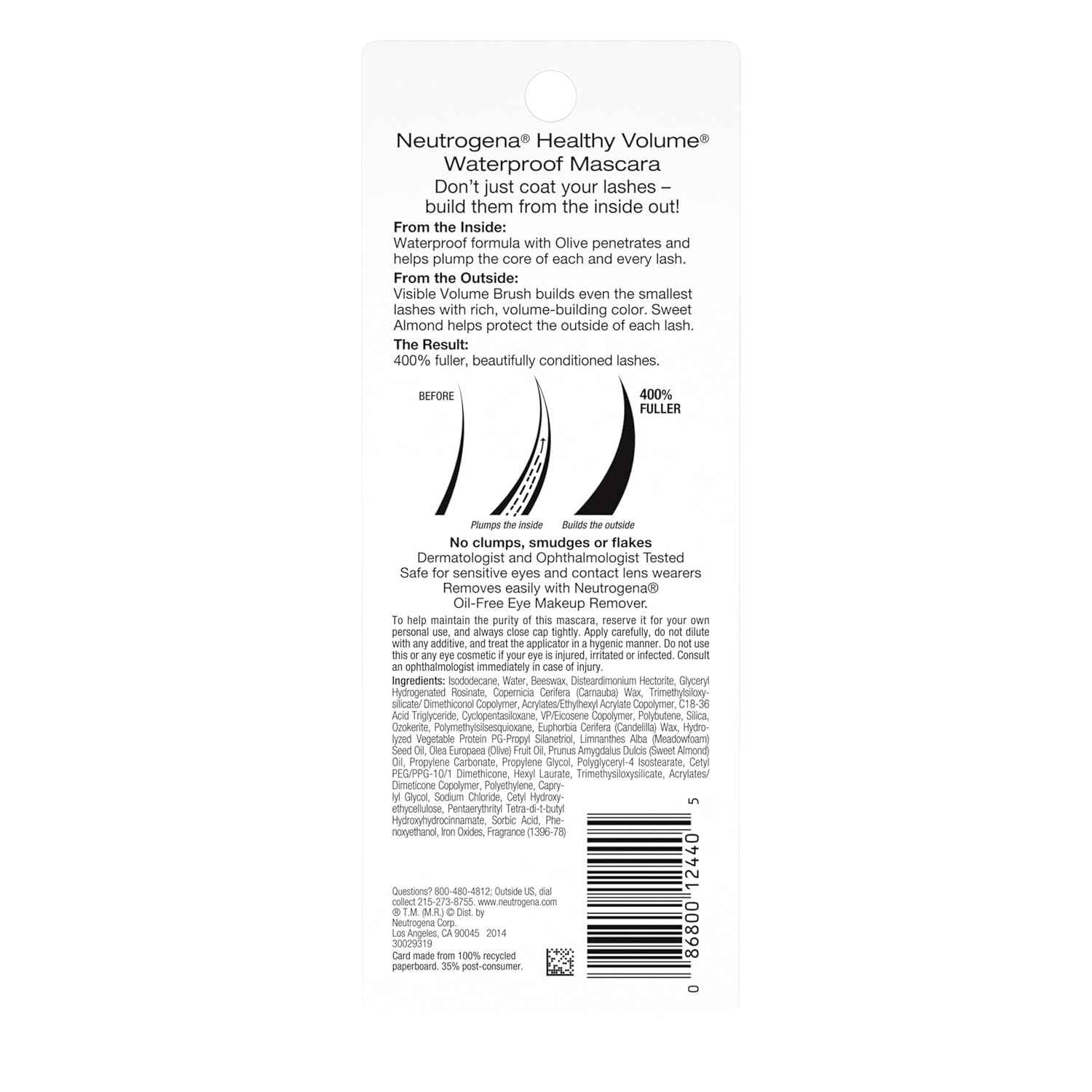 Neutrogena Lash-Plumping Waterproof Mascara, Volumizing and Conditioning Mascara with Olive Oil to Build Fuller Lashes, Clump-, Smudge- and Flake-Free