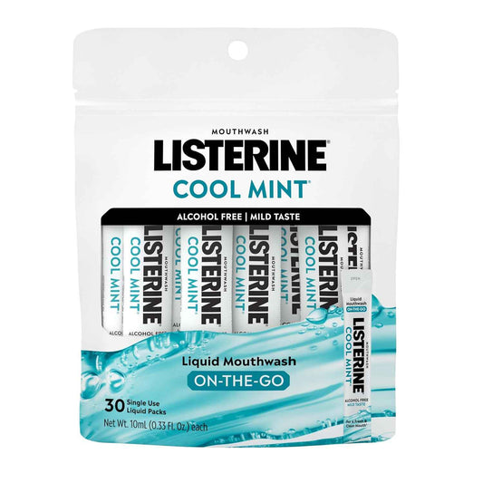 Listerine Mouthwash On-the-Go Travel Essentials Individual Packets of Alcohol-Free Cool Mint Flavor Oral Rinse Kills Bad Breath Germs Mini Travel Size Mouthwash, 30 ct