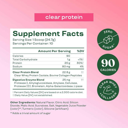 Bloom Clear Protein, Whey Protein Isolate with Collagen Peptides and Digestive Enzymes, 20g Protein, Sugar Free Post Workout Drink Mix, 90 Calories, 10 Servings