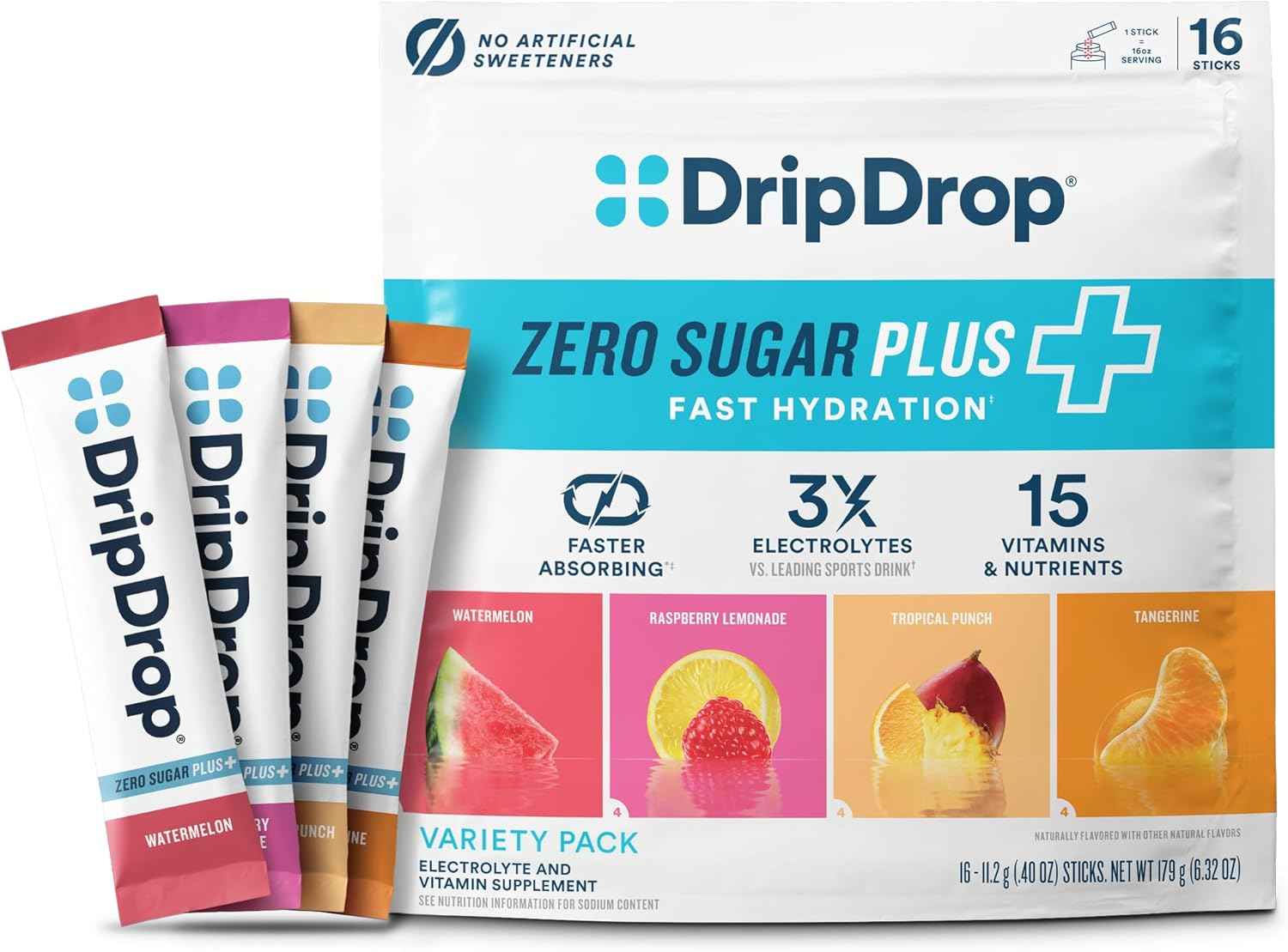 DripDrop Zero Sugar Plus - Sugar Free Hydration Packets- Single Serve Electrolytes Powder Drink Mix