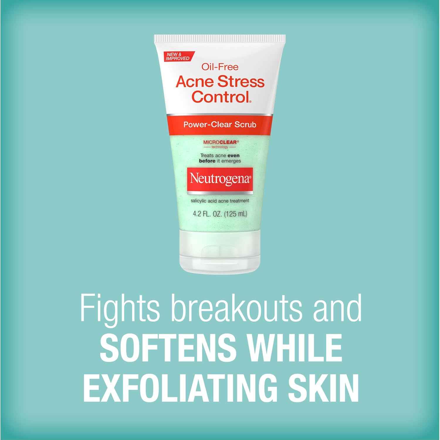 Neutrogena Oil-Free Acne Stress Control Power-Clear Scrub, 2% Salicylic Acid for Acne-Prone Skin, Exfoliating Daily Facial Scrub, 4.2 fl. oz