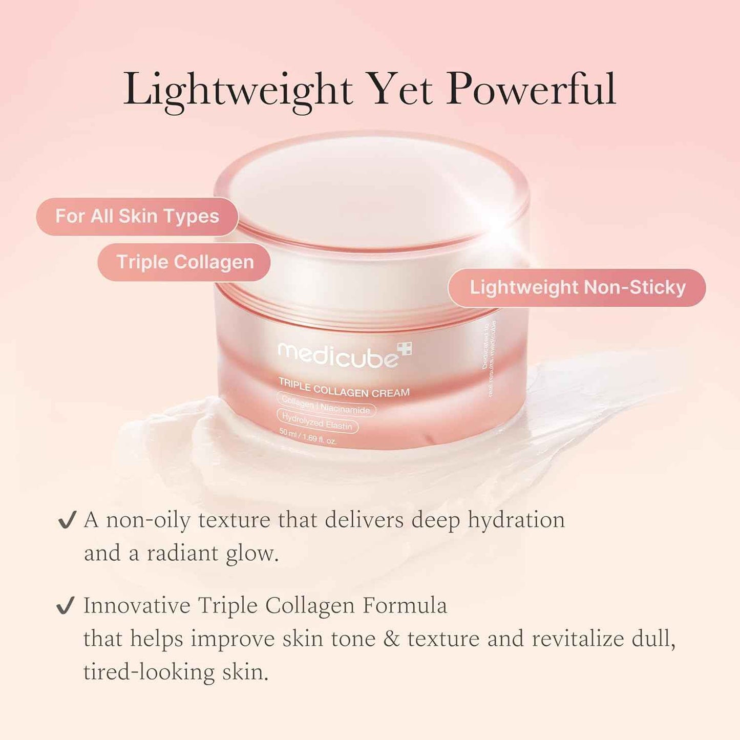 Medicube Triple Collagen Cream - Hydrating & Firming Moisturizer with Hyaluronic Acid, Premium Elastin, Shea Butter - Wrinkle Care & Boosts Elasticity - Korean Skincare, 1.69 oz