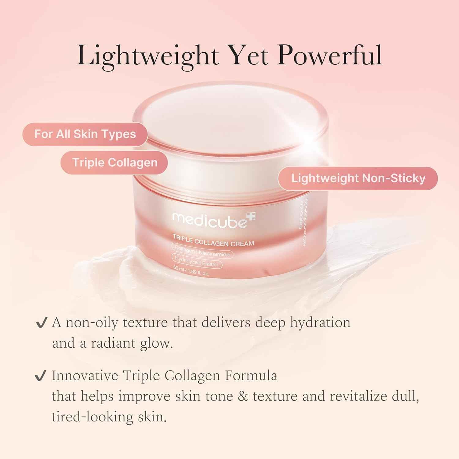 Medicube Triple Collagen Cream - Hydrating & Firming Moisturizer with Hyaluronic Acid, Premium Elastin, Shea Butter - Wrinkle Care & Boosts Elasticity - Korean Skincare, 1.69 oz