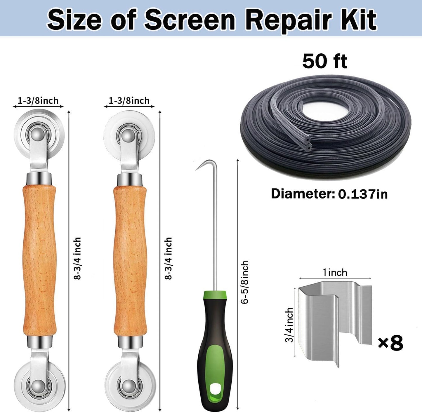 King&Charles_Window_Screen_Door_Repair/Replacement_Kit,_Include_Black_Screen_Mesh_48"x118"+_2_Roller+50Ft_Spline+8Clips+Hook,_6_in_1_Window_Mesh_Kit,_Steel/Nylon_Bearing_Roller
