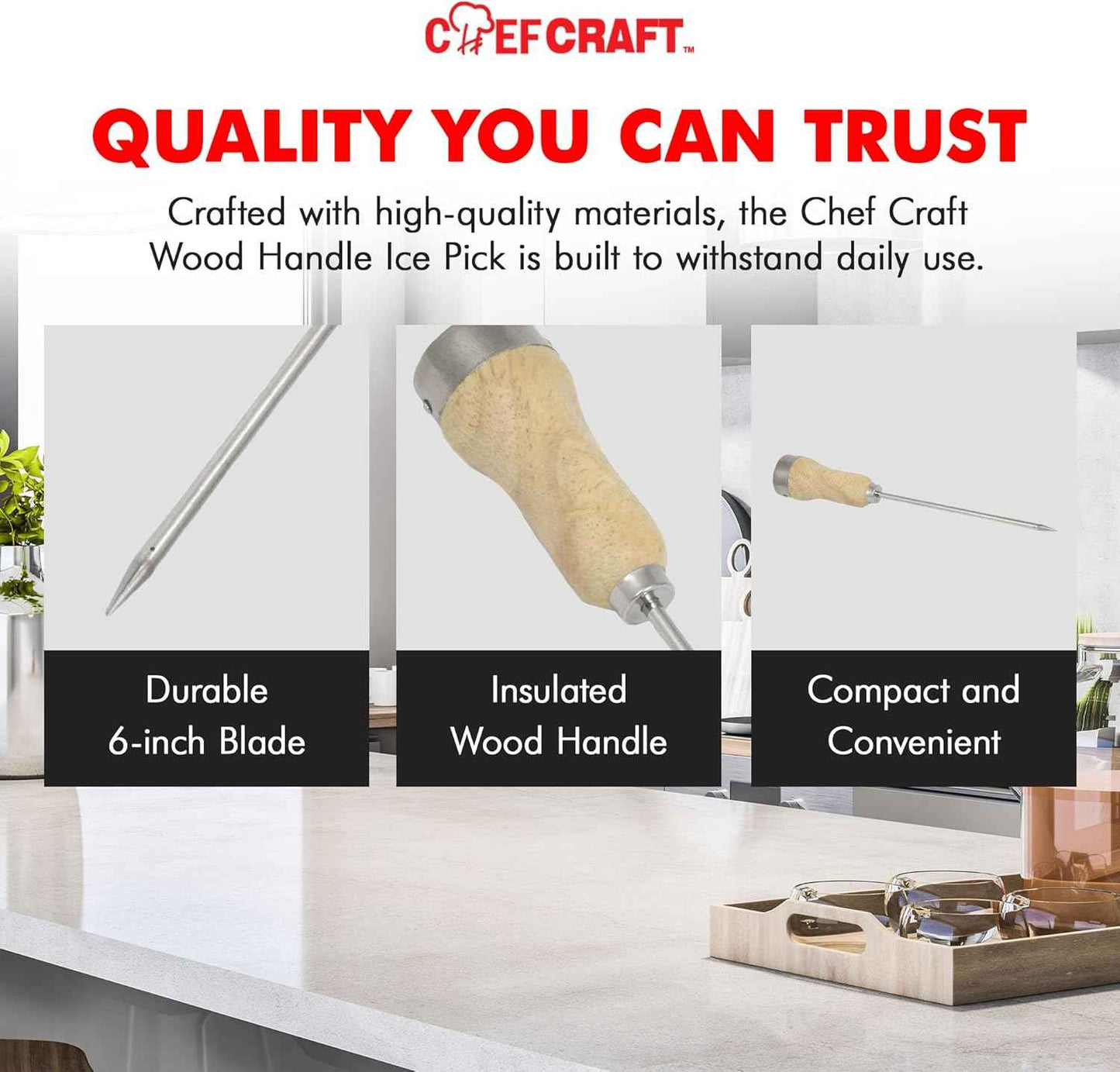 Chef Craft - Select Wood Handle Ice Pick, Plated Steel Ice Breaking Tool with Wooden Handle, 10 inches in Length 6 inch Blade, Great for Breaking Ice in Freezer