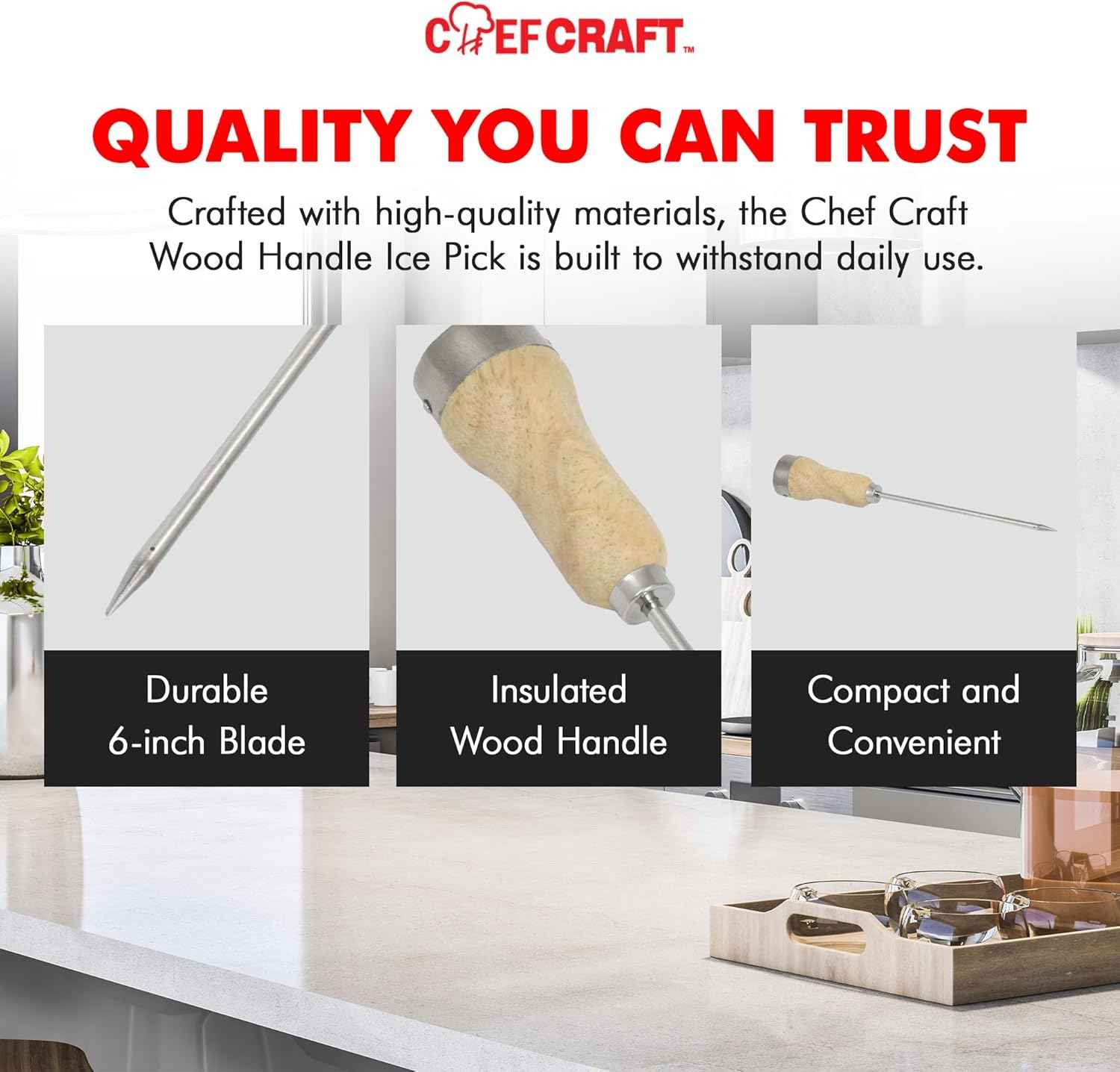 Chef Craft - Select Wood Handle Ice Pick, Plated Steel Ice Breaking Tool with Wooden Handle, 10 inches in Length 6 inch Blade, Great for Breaking Ice in Freezer