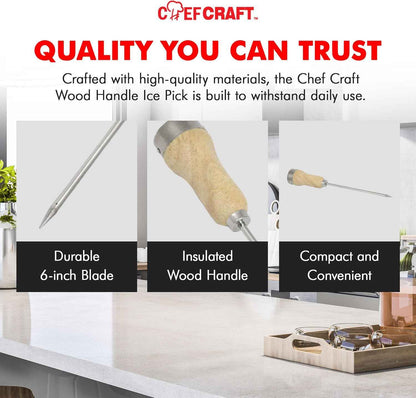 Chef Craft - Select Wood Handle Ice Pick, Plated Steel Ice Breaking Tool with Wooden Handle, 10 inches in Length 6 inch Blade, Great for Breaking Ice in Freezer