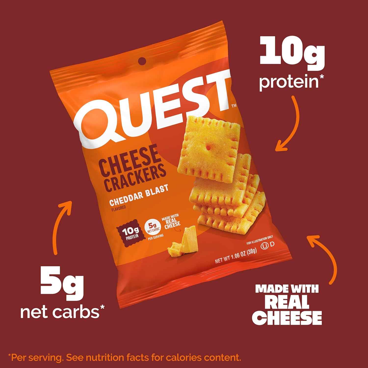 Quest Nutrition Cheese Crackers, 10g Protein, 5g Net Carbs, 1g Sugar, Made with Real Cheese, High Protein Snack