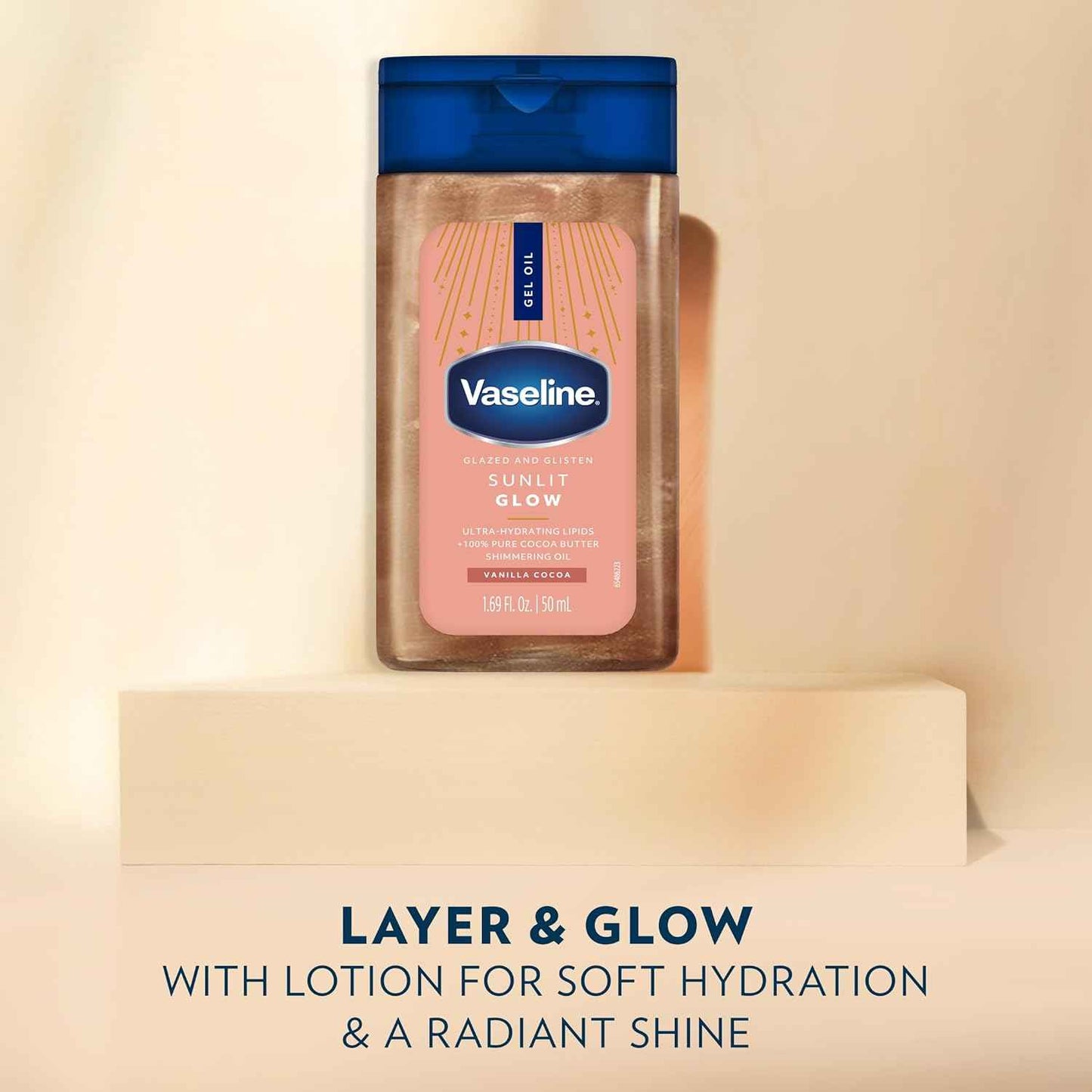 Vaseline Glazed and Glisten Sunlit Glow Body Gel Oil, Ultra-Hydrating Lipids with 100% Pure Cocoa Butter and Shimmering Oil, Vanilla Cocoa Scent, 1.69 Fl Oz, 3 Pack