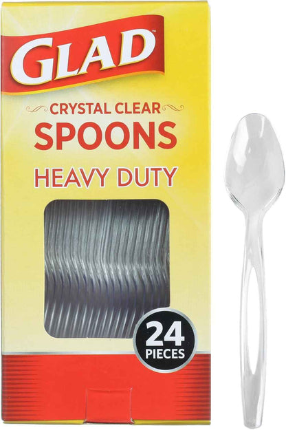 Glad Clear Plastic Spoons, Sturdy Disposable Plastic Cutlery for Parties, Events, Outdoor Meals, and Everyday Use, Clear Neutral Design Fits Any Table Setting, 24 Count