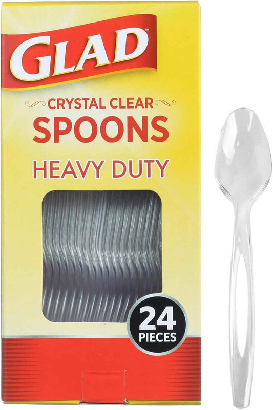 Glad Clear Plastic Spoons, Sturdy Disposable Plastic Cutlery for Parties, Events, Outdoor Meals, and Everyday Use, Clear Neutral Design Fits Any Table Setting, 24 Count