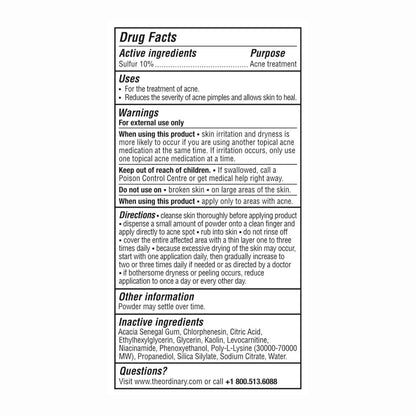 The Ordinary Sulfur 10% Powder-to-Cream Acne Spot Treatment Concentrate, Reduces Pimple Size and Zit Redness, 0.18 Oz