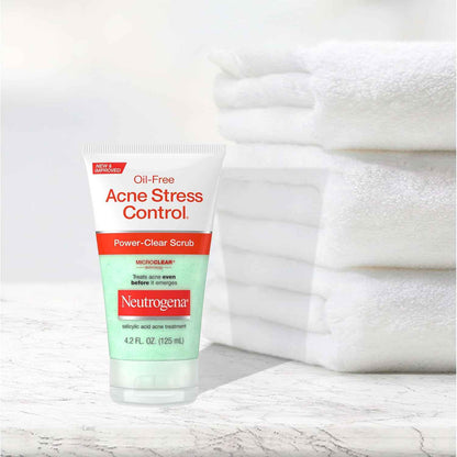 Neutrogena Oil-Free Acne Stress Control Power-Clear Scrub, 2% Salicylic Acid for Acne-Prone Skin, Exfoliating Daily Facial Scrub, 4.2 fl. oz