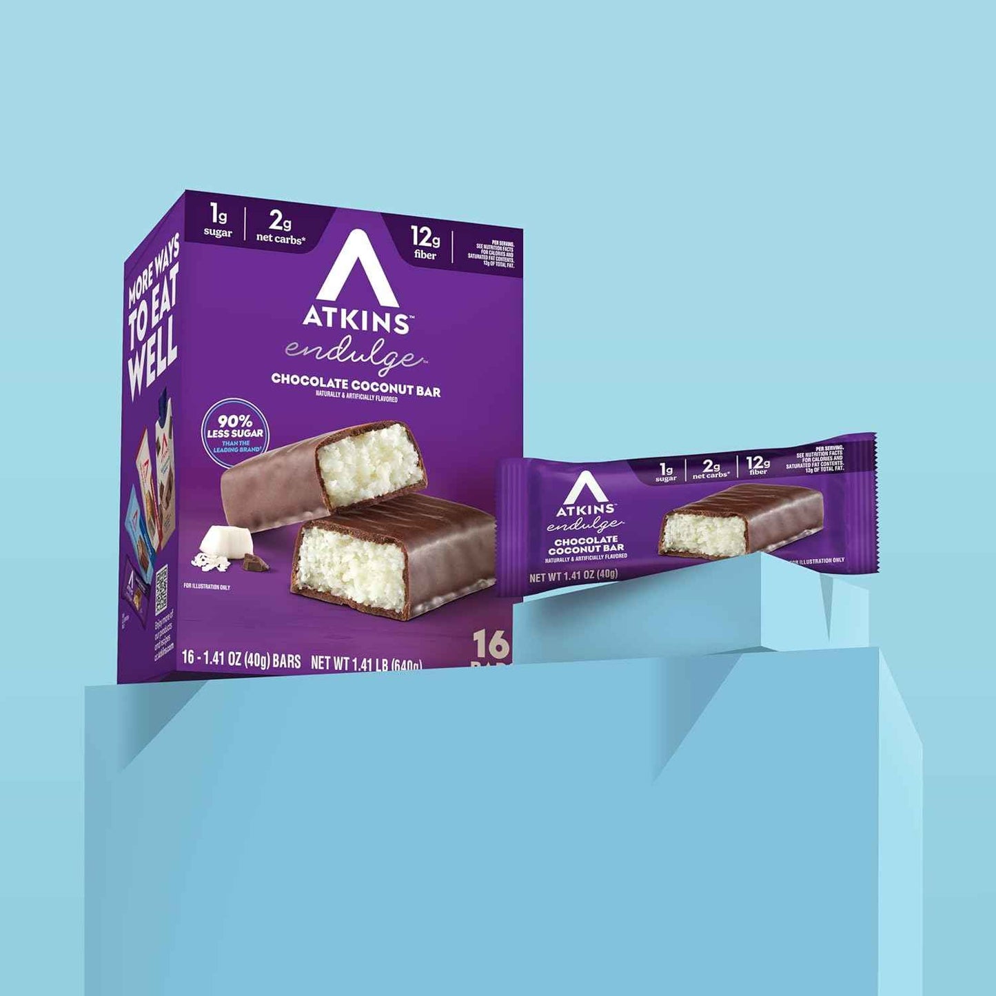 Atkins Endulge Chocolate Coconut Flavored Snack Bar, 1g Sugar, 12g Fiber, Low Sugar Snack, High Fiber Bars, Keto Friendly Treat