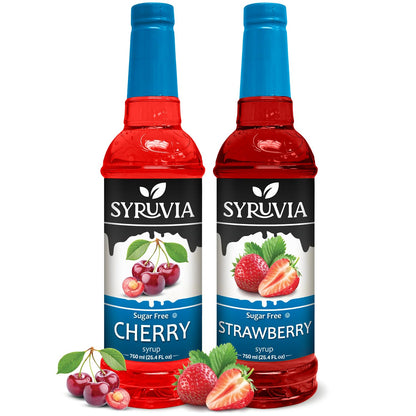 Syruvia Sugar-Free Fruit Flavors Variety Pack Cherry &amp;amp; Strawberry Syrup - 0 Calorie - for Tea, Italian Sodas, Beverages, Desserts, Ice Cream, Cocktails &amp;amp; Mocktails, Kosher, 25.4 fl oz. (2-Pack)