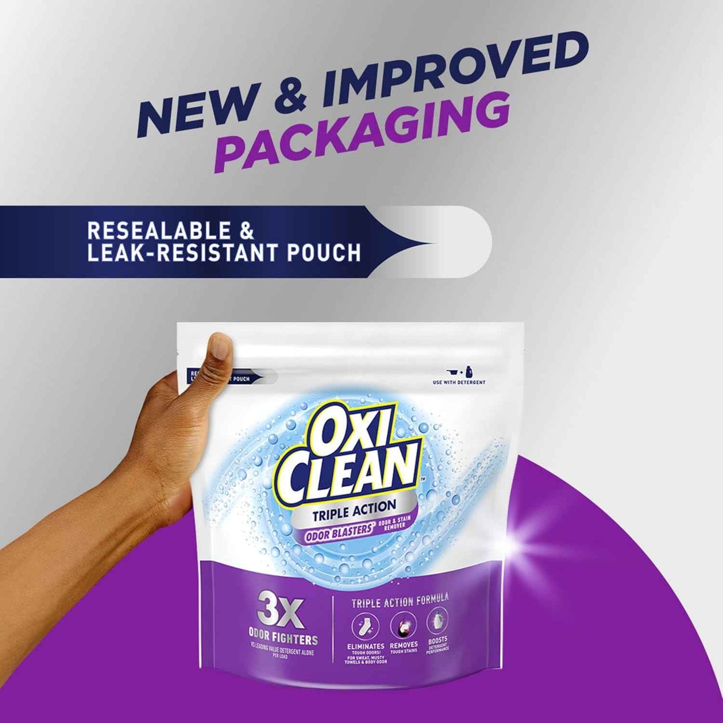 OxiClean Triple Action Odor and Stain Remover Powder, Use with Detergent, Eliminates Tough Odors and Removes Stains, Color Safe and Chlorine Free