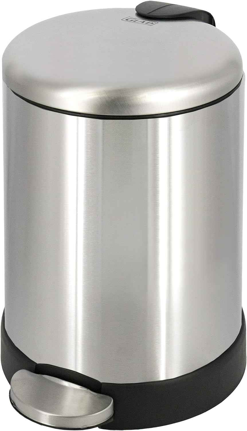 Glad Small Trash Can, 1.2 Gallon | Round Stainless Steel Garbage Bin with Soft Close Lid & Step Foot Pedal | Metal Waste Basket with Removable Inner Bucket, 8 x 9.5 x 12 inches