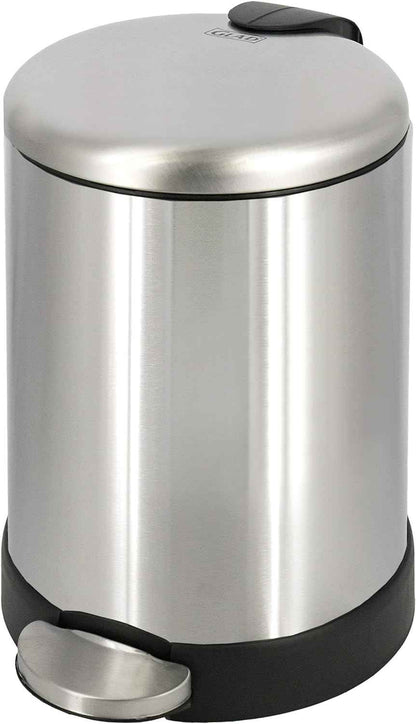 Glad Small Trash Can, 1.2 Gallon | Round Stainless Steel Garbage Bin with Soft Close Lid & Step Foot Pedal | Metal Waste Basket with Removable Inner Bucket, 8 x 9.5 x 12 inches