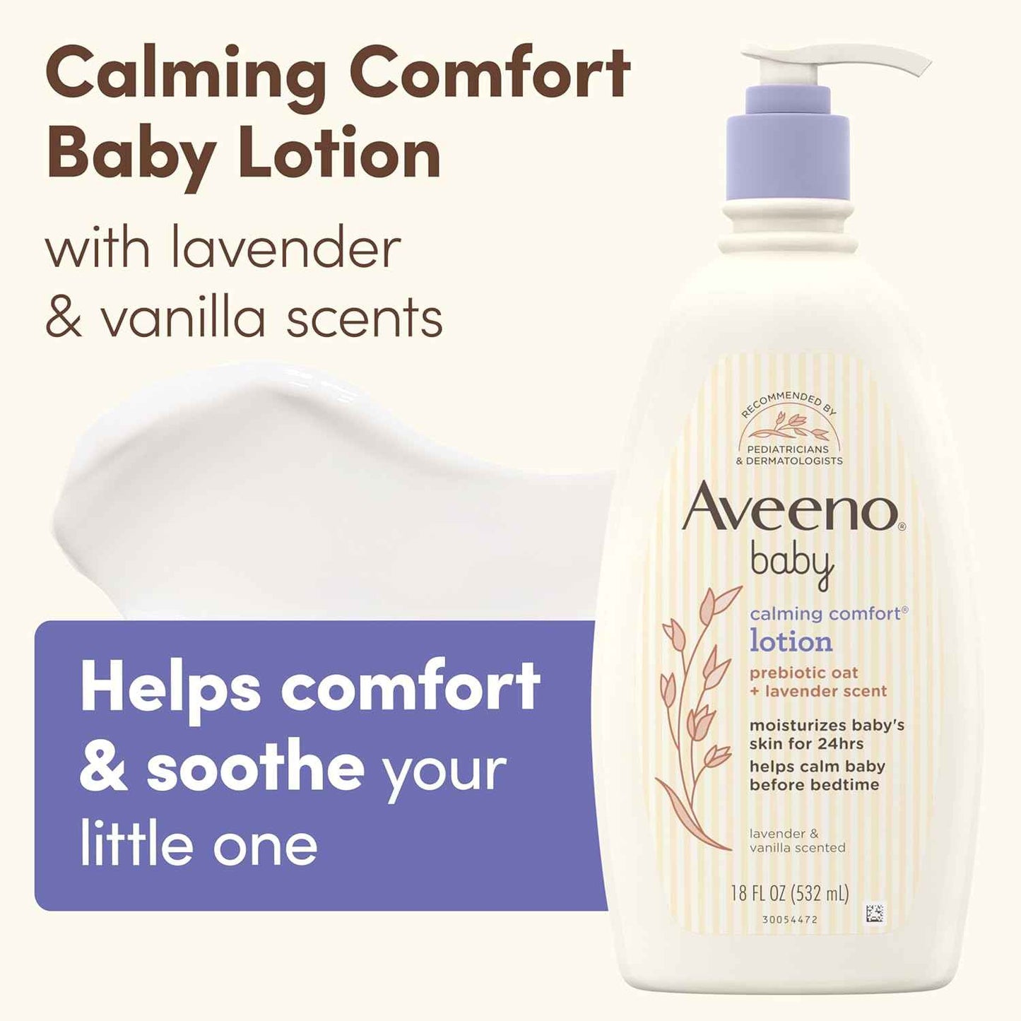 Aveeno Baby Calming Comfort Moisturizing Body Lotion with Relaxing Lavender & Vanilla Scents, Non-Greasy Baby Lotion, Nourishing Prebiotic Oatmeal, Paraben- & Phthalate-Free
