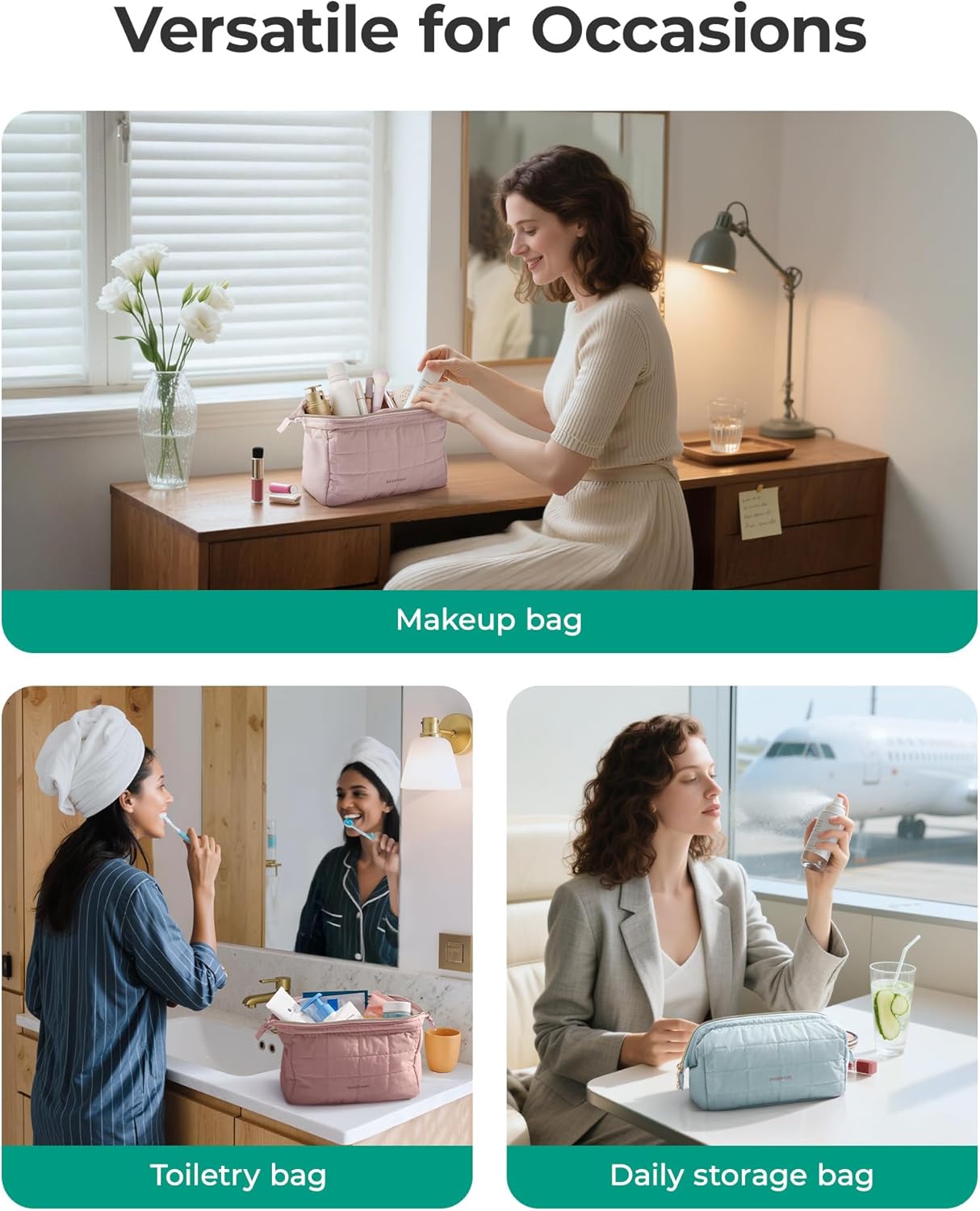 BAGSMART_Makeup_Bag_Travel_Toiletry_Bag,_Puffy_Padded_Make_Up_Bags_for_Women_Makeup_Organizer_Case,_Wide-open_Pouch_Purse_Travel_Essentials_Toiletries_Accessories_Brushes,_Pink